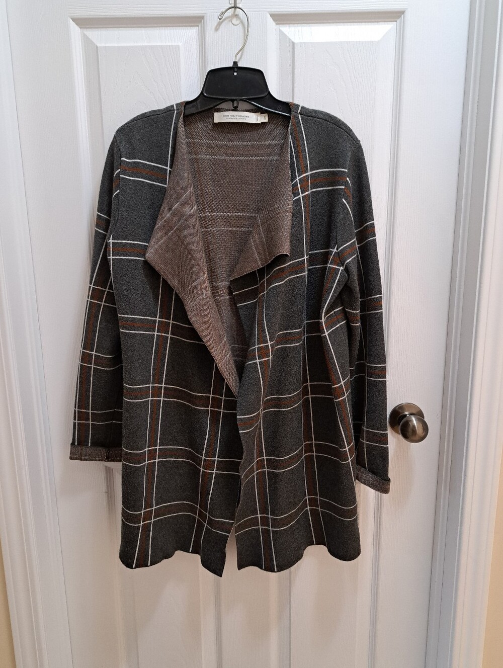 Contemporaine By Simons Womens Medium Gray Plaid Open-Front Cardigan Classic